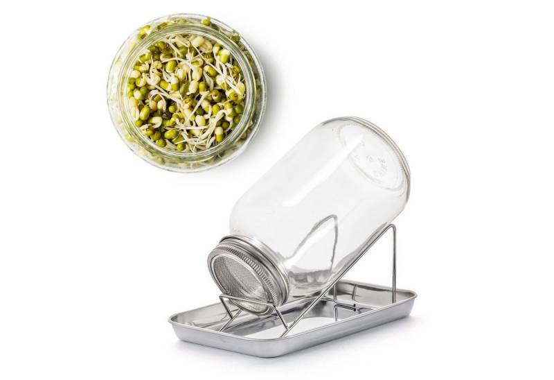 BigDean Anzuchttopf Sprossenglas Keimglas 1000ml mit Edelstahl-Gitterdeckel + Ständer von BigDean