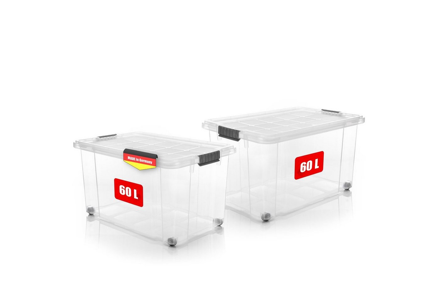 BigDean Aufbewahrungsbox 2x 60 L Aufbewahrungsbox mit Deckel + Rollen transparent Stapelbox von BigDean