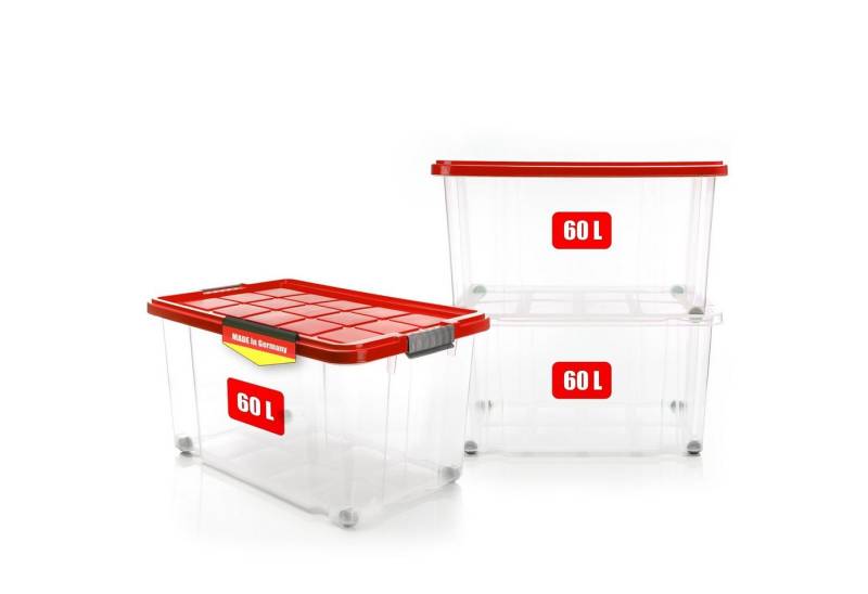 BigDean Aufbewahrungsbox 3x 60 L Aufbewahrungsbox mit Deckel + Rollen rot Stapelbox (3 St), Deckel in Rot von BigDean