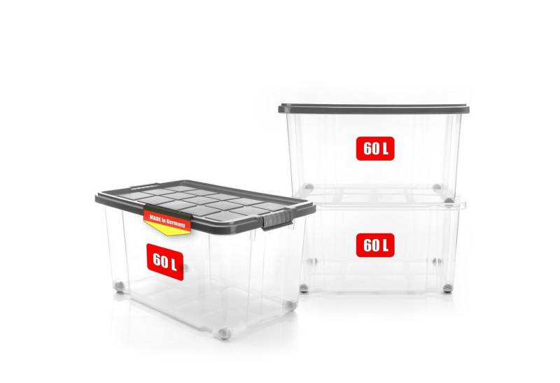 BigDean Aufbewahrungsbox 3x 60 L Aufbewahrungsbox mit Deckel + Rollen stahlgrau Stapelbox (3 St), Deckel in Stahl Grau von BigDean