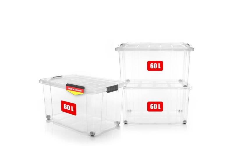BigDean Aufbewahrungsbox 3x 60 L Aufbewahrungsbox mit Deckel + Rollen transparent Stapelbox (3 St), Transparenter Deckel von BigDean