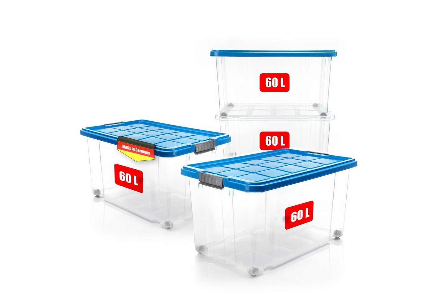 BigDean Aufbewahrungsbox 4x 60 L Aufbewahrungsbox mit Deckel + Rollen azurblau Stapelbox von BigDean