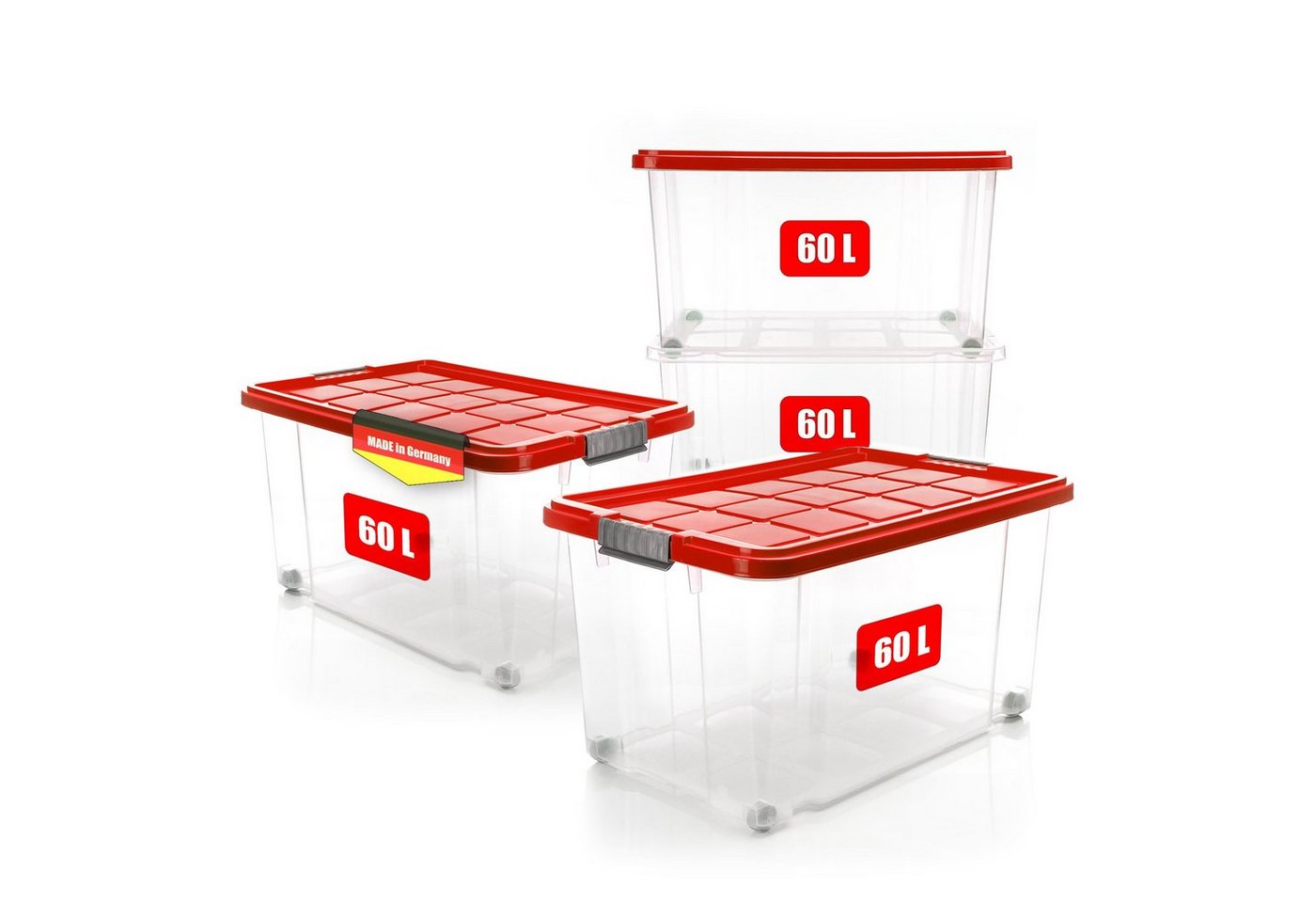BigDean Aufbewahrungsbox 4x 60 L Aufbewahrungsbox mit Deckel + Rollen rot Stapelbox von BigDean