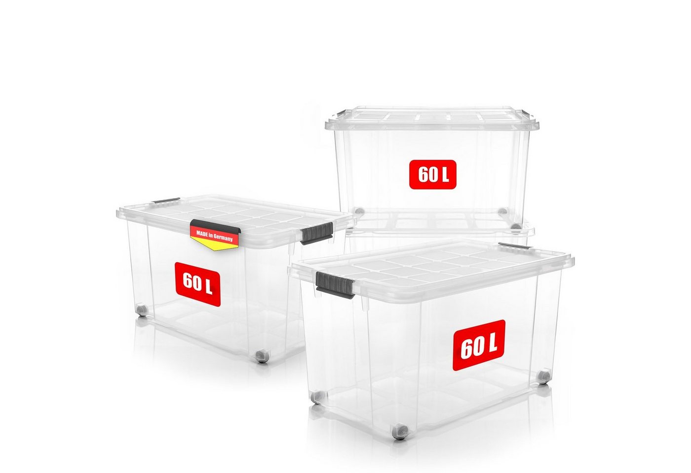 BigDean Aufbewahrungsbox 4x 60 L Aufbewahrungsbox mit Deckel + Rollen transparent Stapelbox von BigDean