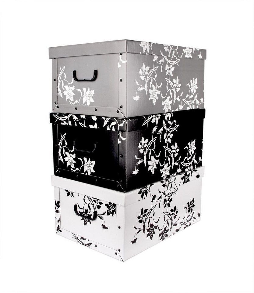BigDean Aufbewahrungsbox »XXL 3er Set je 45 Liter − mit Deckel & Griffen − aus stabiler Pappe − verschiedene Farben im Barock−Blumenmuster − perfekt für Ordnung im ganzen Haus« von BigDean