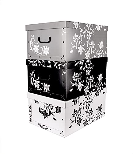 BigDean Aufbewahrungsboxen XXL 3er Set je 45 Liter - mit Deckel & Griffen - aus stabiler Pappe -im Barock-Blumenmuster - perfekt für Ordnung im ganzen Haus von BigDean