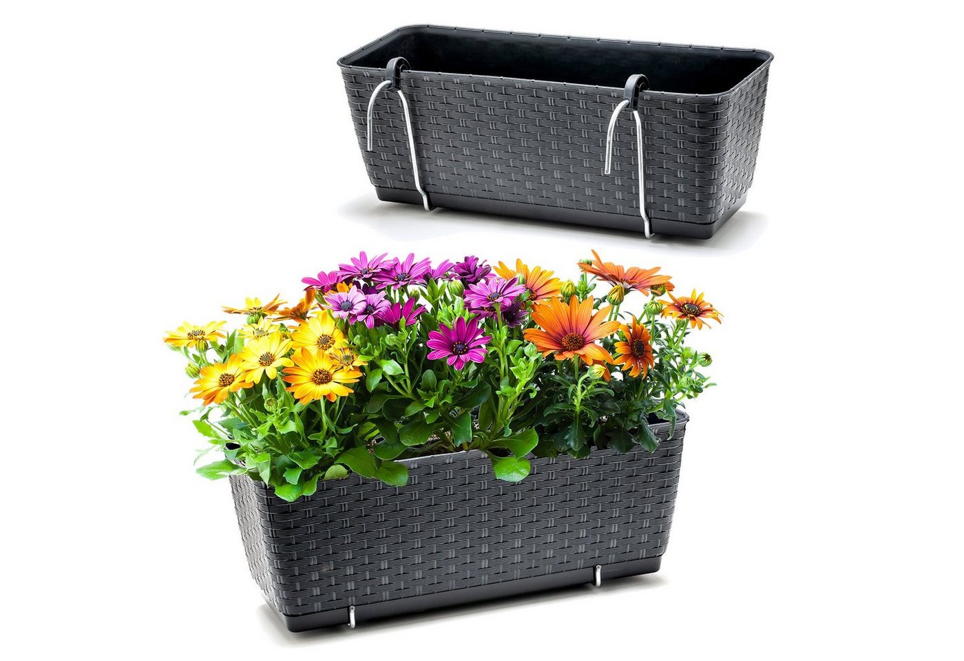 BigDean Blumenkasten 2x Bewässerungssystem + Halterung Rattan-Optik Anthrazit 39x15,5x14cm (2 St) von BigDean