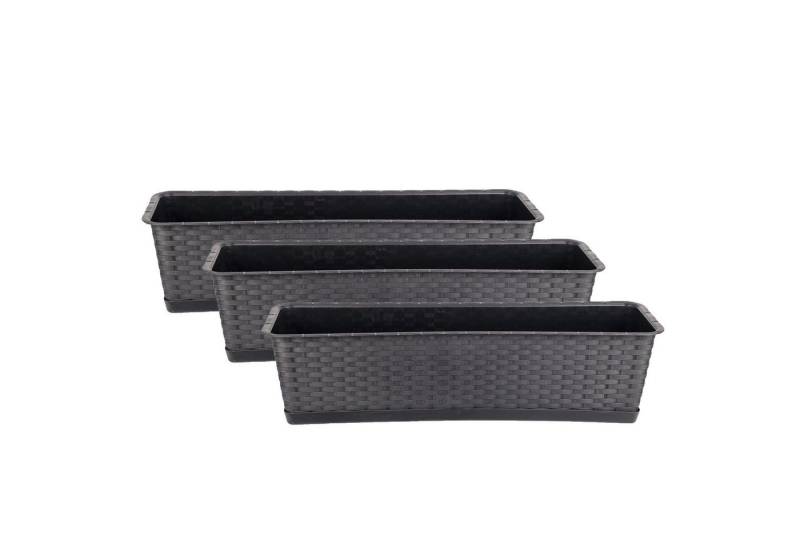 BigDean Blumenkasten 3er Set Pflanzkasten mit Untersetzer 60 cm lang Rattan-Optik anthrazit (3 St) von BigDean