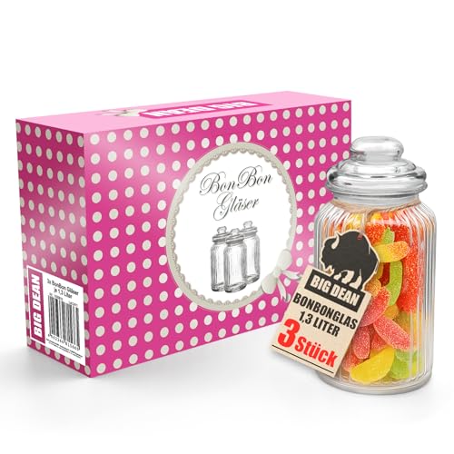BigDean Bonbonglas 3x 1300ml Bonboniere Bonbonglas mit Deckel in Geschenkbox Vorratsgläser Spülmaschinfest Candy Bar Gläser von BigDean