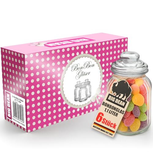 BigDean Bonbonglas 6x 1100ml Bonboniere Bonbonglas mit Deckel in Geschenkbox Vorratsgläser Spülmaschinfest Candy Bar Gläser von BigDean