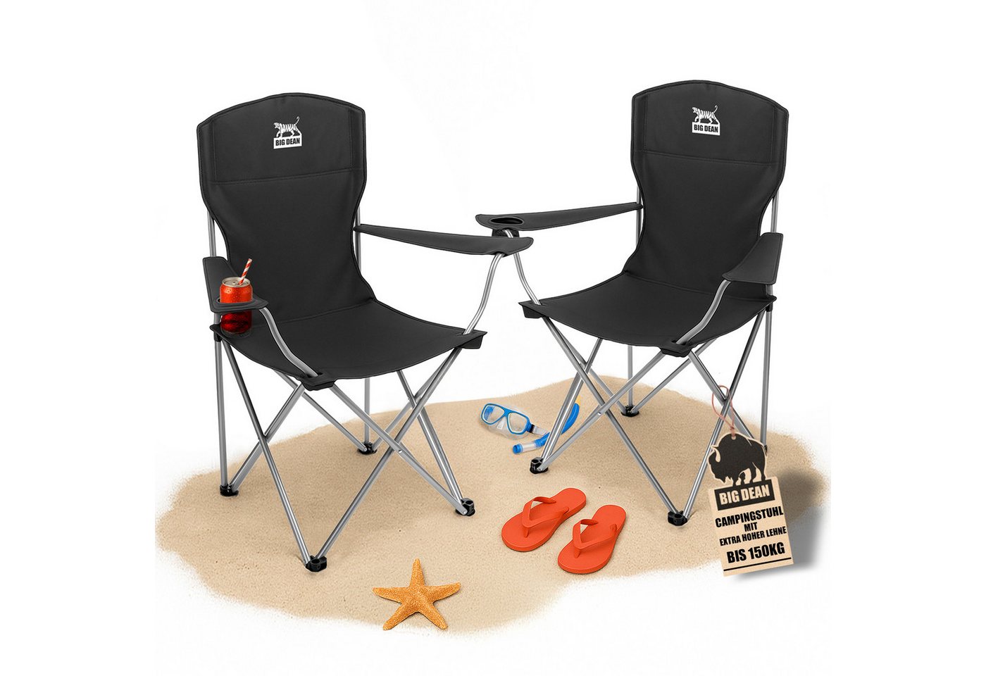 BigDean Campingstuhl 2er Set Campingstuhl extra hohe Lehne max. 150kg belastbar Faltstuhl (Set, 1 St), Verlässlich, Stabil, leicht, Schmutz & Wasser abweisen. von BigDean