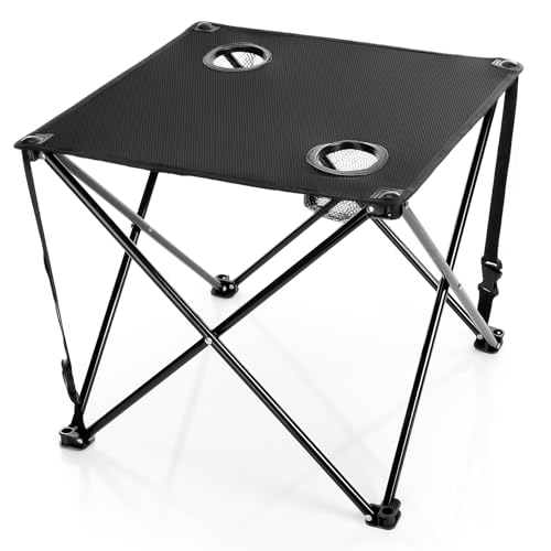 BigDean Campingtisch faltbar mit 2 Getränkehaltern Schwarz belastbar bis 30 kg – tragbarer & ultraleichter Tisch ideal für Camping, Garten, Festival & Angeln von BigDean