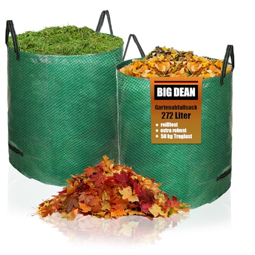 BigDean Gartenabfallsack XXL 272L im 2er Set - Polypropylen-Gewebe 150g/m² extra robust - wasserdicht & reißfest - Perfekter Behälter für Laub, Müll, Grünabfall, Grüngut & Kompost von BigDean