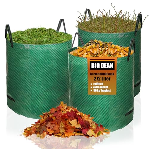 BigDean Gartenabfallsack XXL 272L im 3er Set - Extra robustes Polypropylen-Gewebe 150g/m² - wasserdicht & reißfest - Perfekter Behälter für Grünabfall, Grüngut & Kompost - Gartensack Laubsack von BigDean