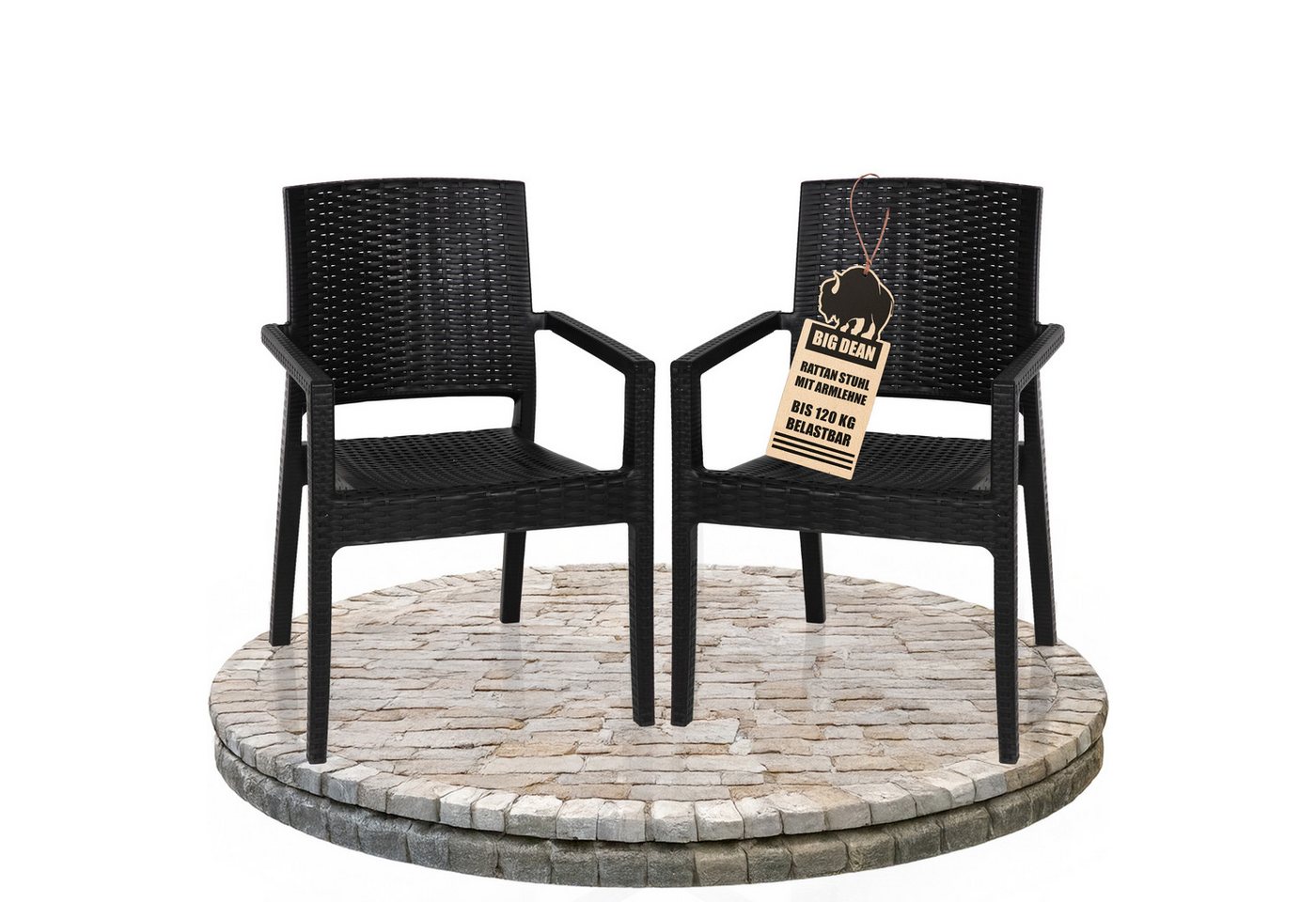 BigDean Gartenstuhl 2er Set Gartenstuhl mit Armlehne stapelbar Rattan-Optik Gartenstühle (2 St) von BigDean