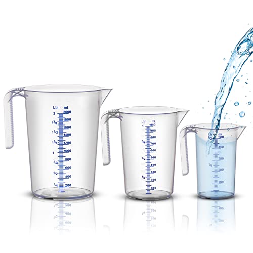 BigDean Messbecher-Set - 3 Größen: 500ml, 1L, 2L - bruchsicher, temperaturbeständig, farbige Skala transparent & blau - aus PP-Kunststoff lebensmittelecht - Made in Germany von BigDean