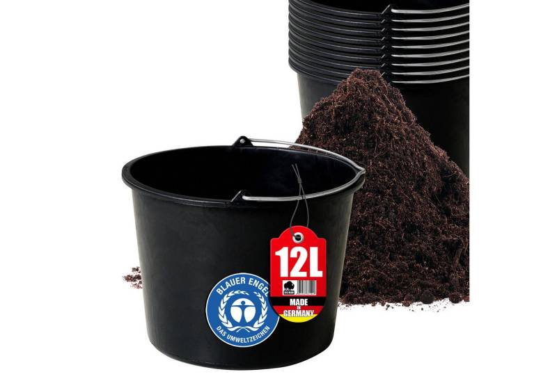 BigDean Mörtelkübel 10x Baueimer 12l Stabiler Garten Mörtel Beton Eimer Made in Germany, (Set, 10-tlg., 10er set), Baueimer aus Recyceltem Kunststoff für universelle zwecke von BigDean