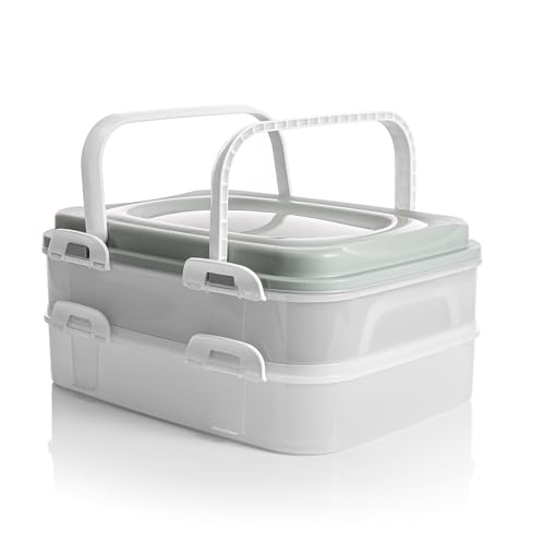 BigDean Partycontainer mit 2 Etagen und Hebeeinsatz in Pastell Grün – für Backwaren, Snacks & Kuchen geeignet – Kuchentransportbox ideal für Feierlichkeiten – lebensmittelecht & Made in Europa von BigDean