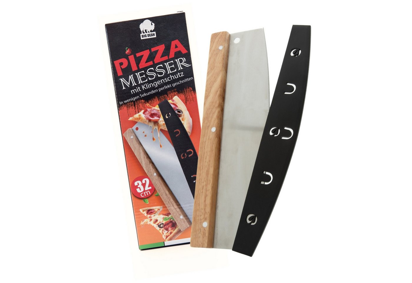 BigDean Pizzaschneider Pizzamesser mit Klingenschutz 32cm Edelstahlklinge - Pizza Wiegemesser, Wellenschliff, Ohne Drücken, Ohne Quetschen von BigDean