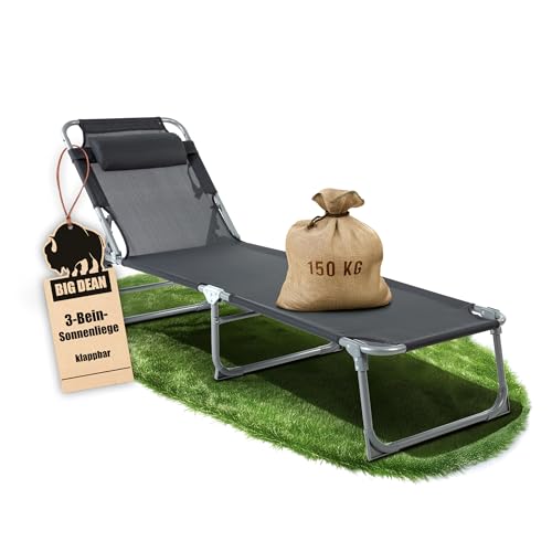 BigDean Sonnenliege klappbar mit Kopfkissen extra hoch dunkelgrau 150 kg belastbar - hochwertige Gartenliege für Balkon, Garten & Strand von BigDean