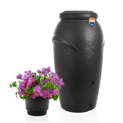 BigDean Regentonne 210 Liter Volumen aus wetterfestem Kunststoff in Anthrazit – Regenwassertonne mit Blumentopf Aufsatz – Made in Europe von BigDean