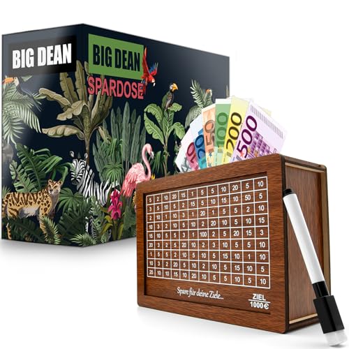 BigDean Spardose aus Holz mit Ziel 1000€ – fertig montiert,Wiederverwendbar Holzspardose mit Sparziel zum Ankreuzen von BigDean