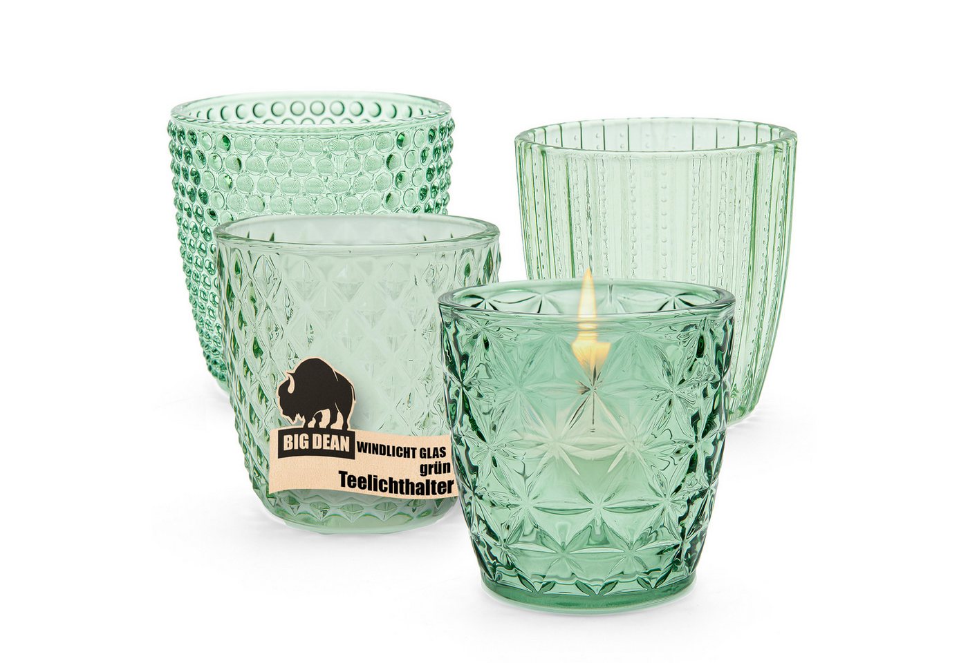 BigDean Teelichthalter Windlicht Glas grün Teelichthalter 4er Set Teelichthalter (1 St) von BigDean