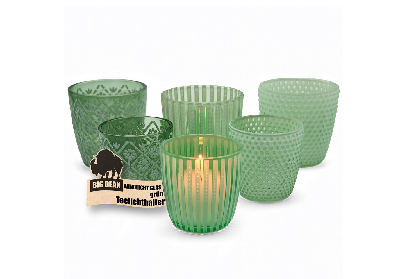 BigDean Teelichthalter Windlicht Glas grün Teelichthalter 6er Set Teelichthalter (1 St) von BigDean