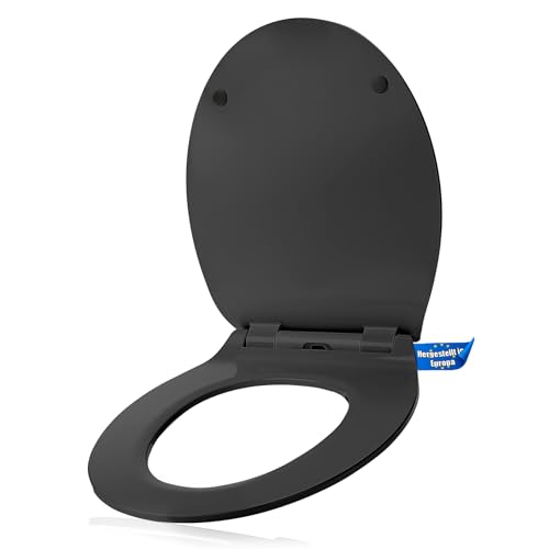 BigDean Toilettendeckel mit Absenkautomatik Slim Line oval - doppelter Soft Close für Deckel + Sitz - antibakterieller WC Sitz Duroplast schwarz belastbar bis 150kg - mit Quick Release von BigDean