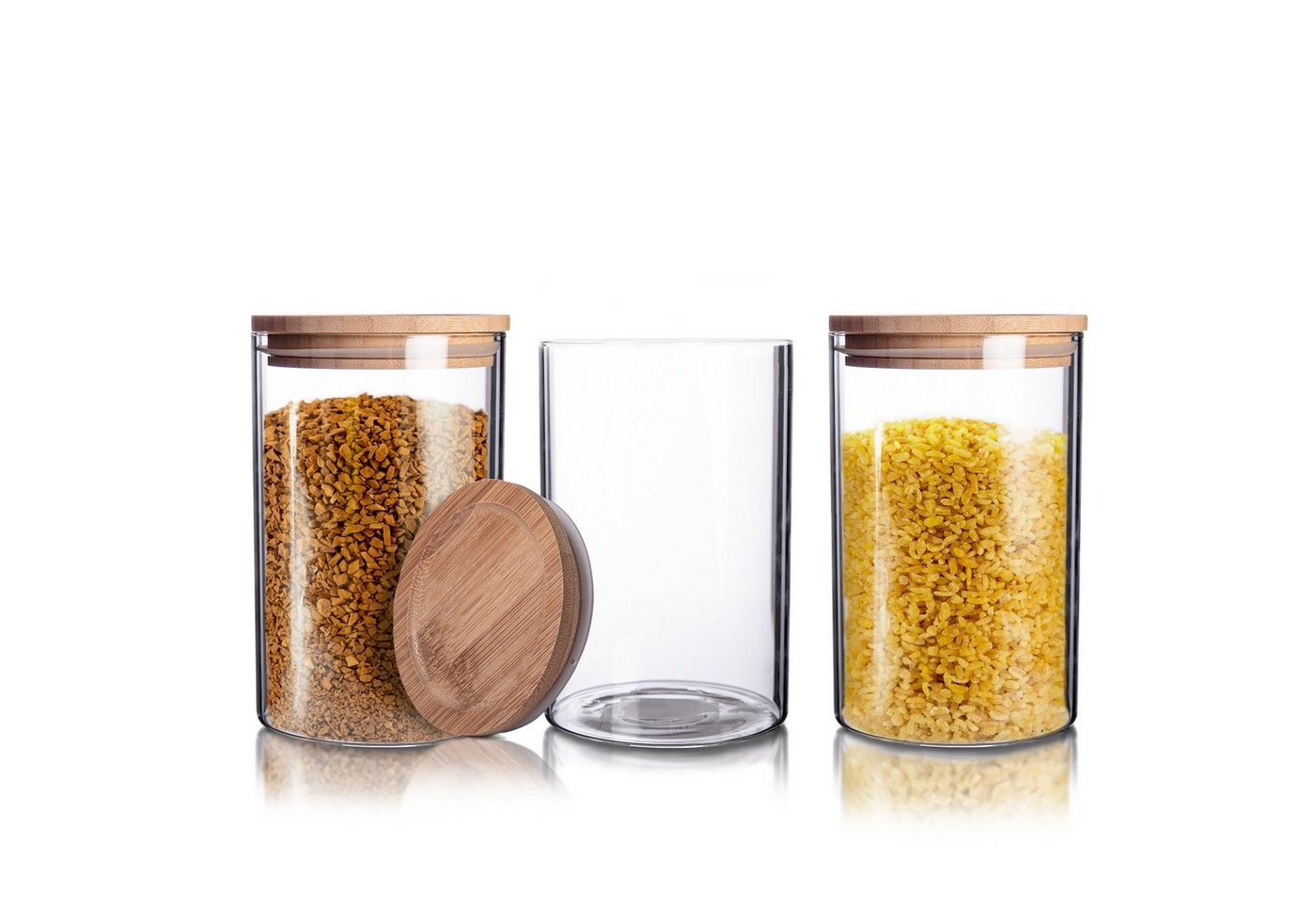 BigDean Vorratsdose 3x Vorratsglas 1,1L Bambus-Deckel 10x17,5cm Vorratsgläser Pasta Müsl, Glas, (3-tlg) von BigDean