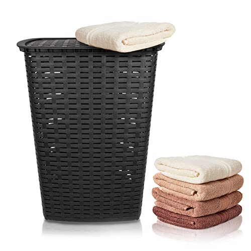 BigDean Wäschesammler 55L mit Deckel und 2 Griffen Wäschekorb Wäschebox in Flecht Rattan Optik - anthrazit - Wäschetruhe Wäschekorb Wäscheaufbewahrung im Rattan Look von BigDean