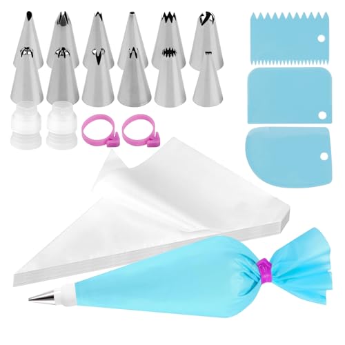 BigKego 120 Stück Spritzbeutel Set mit 12 Edelstahl Spritztüllen 2 Kupplungen Adapter Kuchen 2 Silikon Kabelbinder 3 Teigschaber 1 Wiederverwendbar Eva Spritzbeutel zum Dekorieren Kuchen Keksen von BigKego
