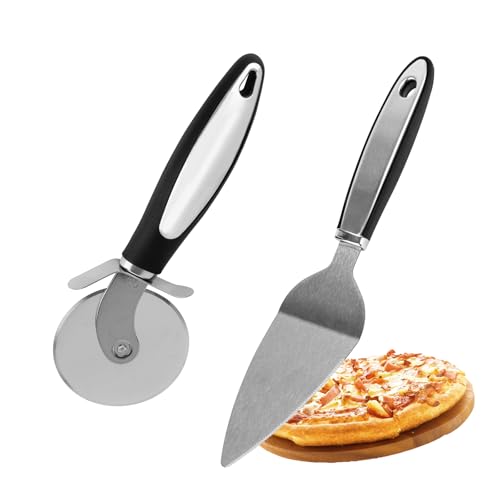 BigKego 2 Stück Edelstahl Pizzaschneider Pizzaschaufel Set Pizzaroller mit Klingenschutz Pizzamesser Pizza Cutter Tortenheber Pizza Server für Küchen Restaurants Partys von BigKego
