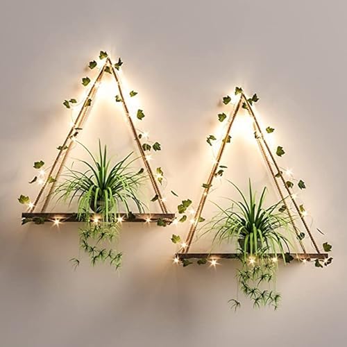 2er Set Wandregal Holz mit Efeugirlande, LED Streifen Makramee Hängeregal Hängeregal Hängeregal mit Seil Wand Boho Deko für Schlafzimmer Wohnzimmer von BigKing