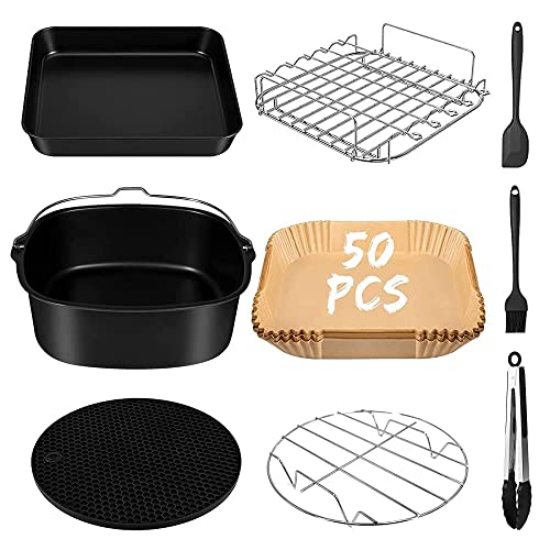 Airfryer Zubehör, Allgemeinzweck 8-Teiliger Satz Von Luft Bratpfannenzubehör, Kuchenkorb, Grill, Kraftpapier Ausgekleidetes Tablett, Bürstenclip Set, Die Meisten Luft Bratpfannen 5.5L und Darüber (A) von BigKing