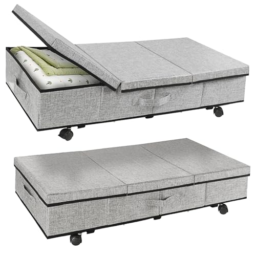 BigKing 2 Stück Unterbettkommode mit Rollen, Unterbettboxen aus Textil mit Griffen und Deckel, Organizer unter dem Bett für Kleidung Steppdecken (Grau) von BigKing