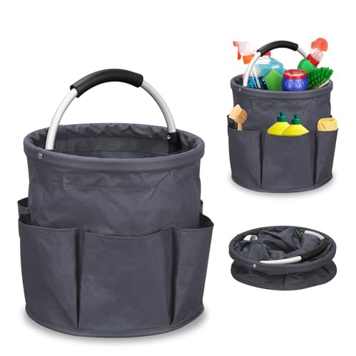 BigKing Faltbare Aufbewahrungstasche, Reinigungseimer mit 6 Außentaschen, faltbarer Reinigungskorb aus Oxford-Stoff, Reinigungszubehör (Dunkelgrau) von BigKing