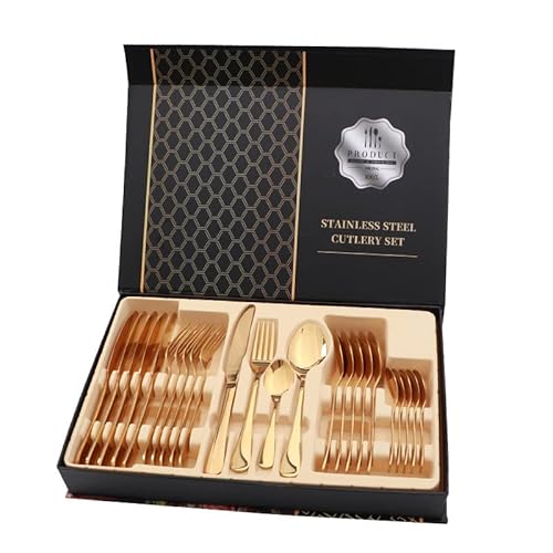 Geschirr-Geschenkbox-Set, Besteckset aus Edelstahl glänzend, 24-teiliges Steakmesser-Gabel-Löffel-Set für Restaurant(A gold 24 piece set) von BigKing