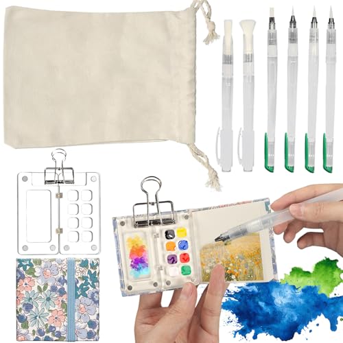 BigKing Mini Aquarell Travel Set, Reise Mini Palette,Pocket Aquarell Set,Tragbares Mini-Aquarell-Paletten Set-mit Aufbewahrungstasche - mit Clip -mit 6 Bürsten für Künstler (Transparente Farbe) von BigKing