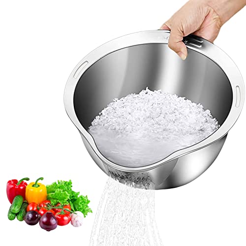 Reis-Waschschüssel, 3-in-1-Edelstahl-Reisreiniger, integriertes Reissieb für die Küche, Mehrzweck-Sieb mit feinem Netz, zum Waschen von Reis und Gemüse, Silberfarben, 2 Stück von BigKing
