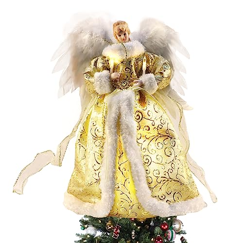 Engel Weihnachtsbaumspitze, Weihnachtsengel Baumkrone Figur, Indoor Weihnachtsdekoration mit Federflügeln, 32 cm (Gold) von BigKing