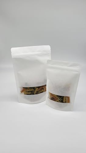 Standbodenbeutel Kraftpapier Weiß mit Fenster/Sichtfenster I wiederverschließbare Beutel I Druckverschlussbeutel Lebensmittel I Schnellverschlussbeutel (110 x 185mm - 250ml - 100 Beutel) von BigLe