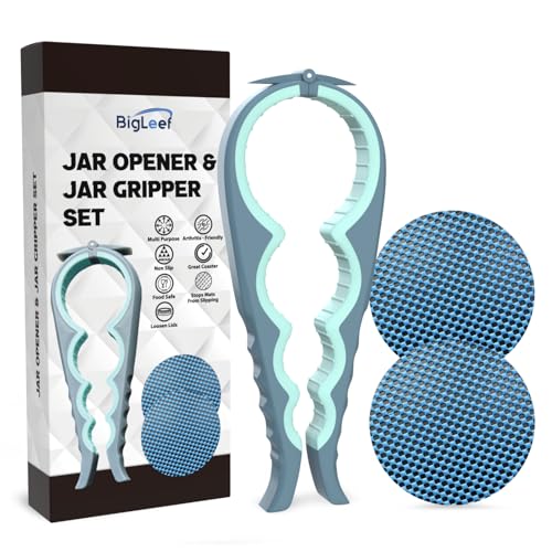 Glasöffner für schwache Hände mit festen Glas-Greifer-Pads und 2 rutschfesten Griffmatten, multifunktionales Küchenwerkzeug-Set für Senioren, einfaches Entfernen von Deckel und Kappe (blau) von BigLeef