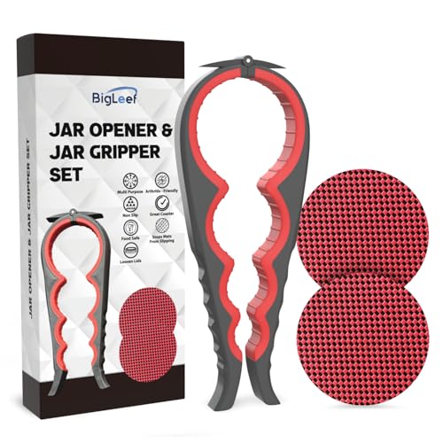 Glasöffner für schwache Hände mit festen Glas-Greifer-Pads und 2 rutschfesten Griffmatten, multifunktionales Küchenwerkzeug-Set für Senioren, einfaches Entfernen von Deckel und Kappe (rot) von BigLeef