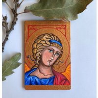 Schutzengel Handgemalte Ikonenminiatur | Engel Ostergeschenk Religiöses Geschenk Reisegröße Symbol Andenken Aus Holz Rhodiniert von BigLoveSmallIcons