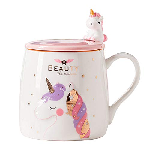 BigNoseDeer Einhorn-Becher, keramische Kaffeetasse mit lieblichem Einhornlöffel, Morgen Cup,Kaffee,Tee,Milch, Weihnachten Becher, Geschenk für Mädchen Einhorn Liebhaber 380ML von BigNoseDeer