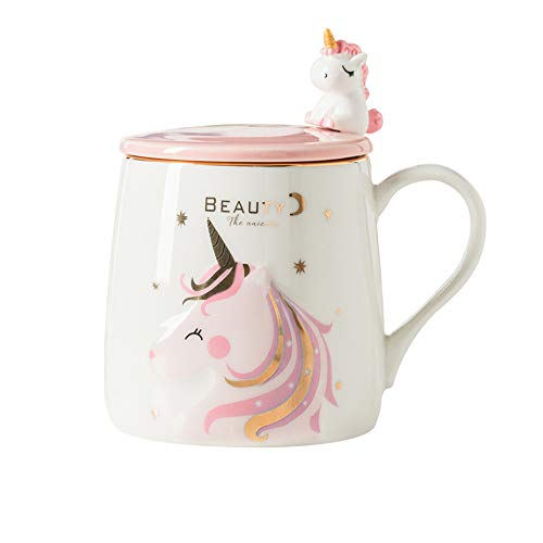 BigNoseDeer Einhorn-Becher, keramische Kaffeetasse mit lieblichem Einhornlöffel, Morgen Cup,Kaffee,Tee,Milch, Weihnachten Becher, Geschenk für Mädchen Einhorn Liebhaber 380ML von BigNoseDeer