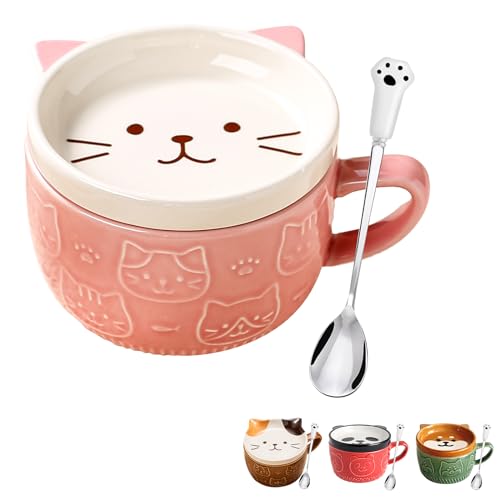 Geschenke für Frauen, Süß Kawaii Rosa Katze Lustige Tasse, Kaffeetassen mit Deckel Set, Kaffeetassen für Katzenliebhaber, Frauen, Mädchen, Kinder, Weihnachten, Geburtstagsgeschenk von BigNoseDeer