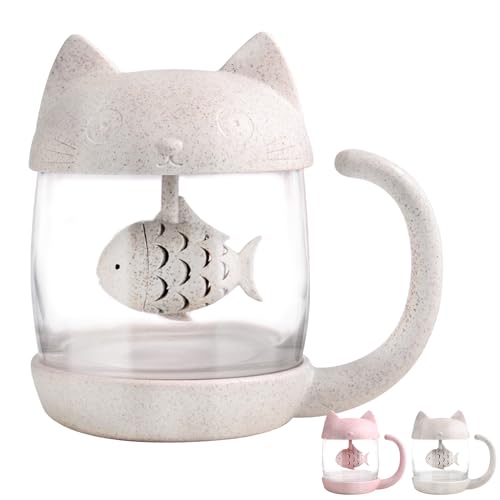 BigNoseDeer Katzen Glas Tee Becher Wasser Flasche mit Fisch Tee Infuser Sieb Filter 250ML (8OZ) von BigNoseDeer