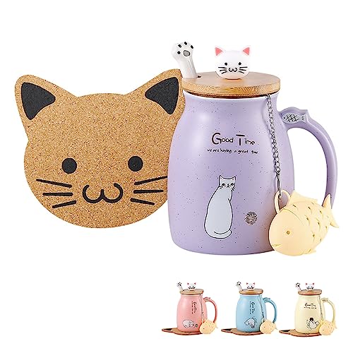 BigNoseDeer Katzentasse Süße Kaffeetasse aus Keramik mit Lovely Kitty Deckel Löffel, Morgentasse Tee Milch Geburtstagsgeschenk Weihnachtsbecher 380ML (Violett) von BigNoseDeer